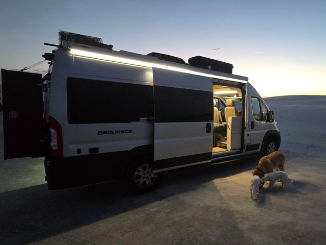 RV rental camper van at twilight