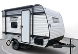 This gray and white Coleman travel trailer is ideal for RV rental, featuring an awning, side door, and windows.