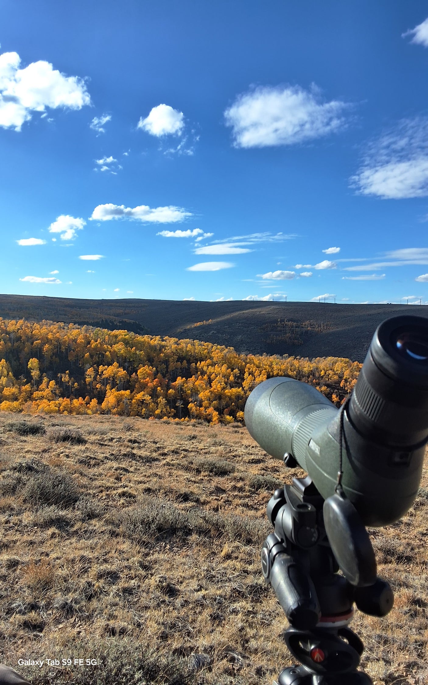 Spotting scope frames vibrant fall aspens & distant wind turbines under a blue sky. Great RV rental destination for nature lovers.