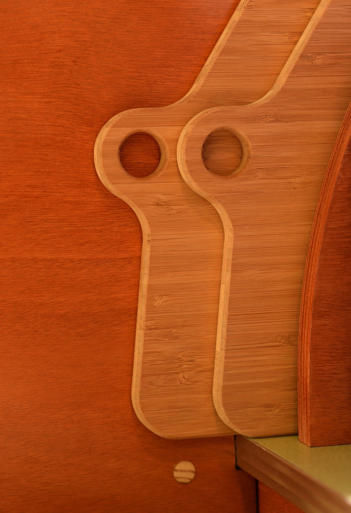 Vertical storage of light wood bamboo cutting boards against a dark orange wooden wall in an RV rental, optimizing space. — photo 2
