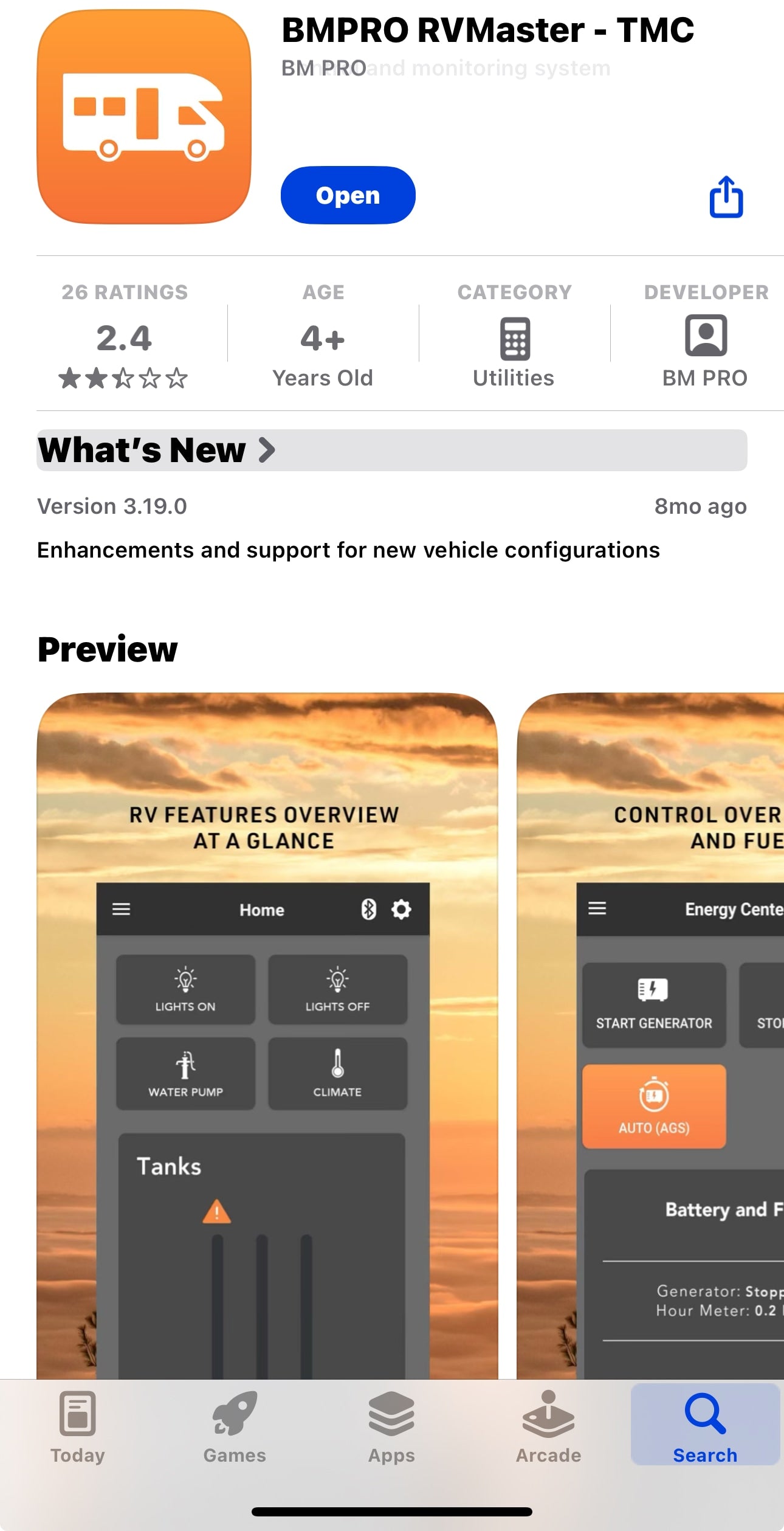 This App Store page displays BMPRO RVMaster, an RV control & monitoring app, ideal for rv rental management.