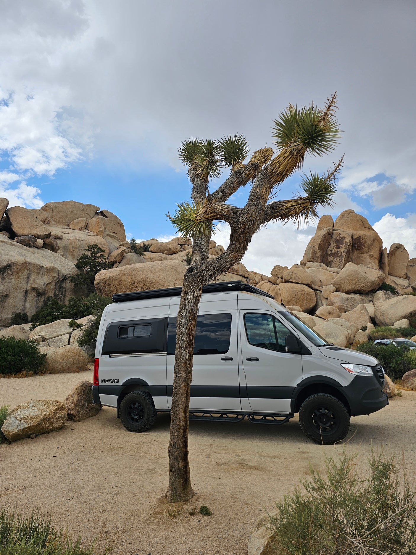 White RV rental camper van parked beside a Joshua tree and large rock formations in the desert. Perfect for adventure!