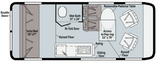 RV rental camper van floor plan showing a rear sofa/bed, wet bath, kitchen, and convertible dining area with pop-top access.