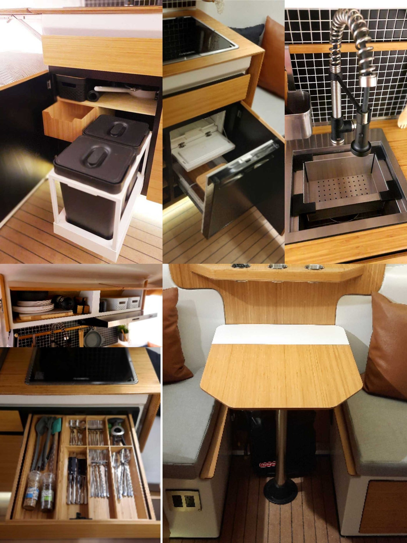 Compact RV rental kitchen & dining, featuring smart storage, cooktop, sink, and organized drawers. — photo 19