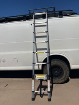 RV rental with an extended telescopic ladder providing access to its roof rack.