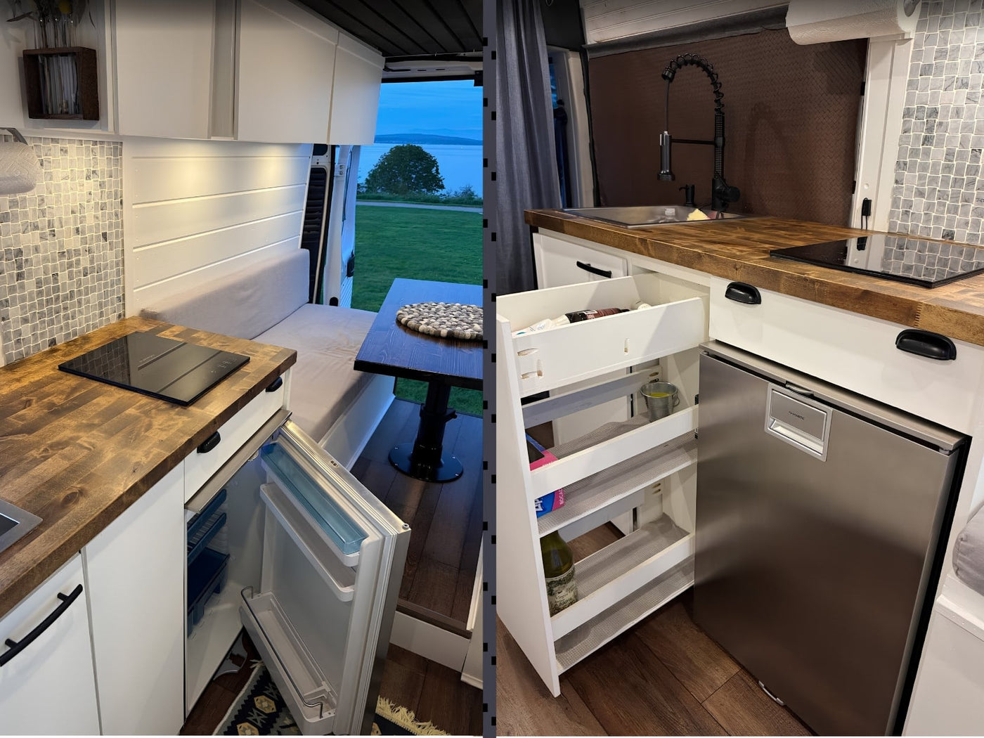  and benches.|Modern RV rental interior: a sleek camper van kitchen & dining space opens to a beautiful beach and ocean view.|Cozy RV rental interior with a kitchen — photo 7
