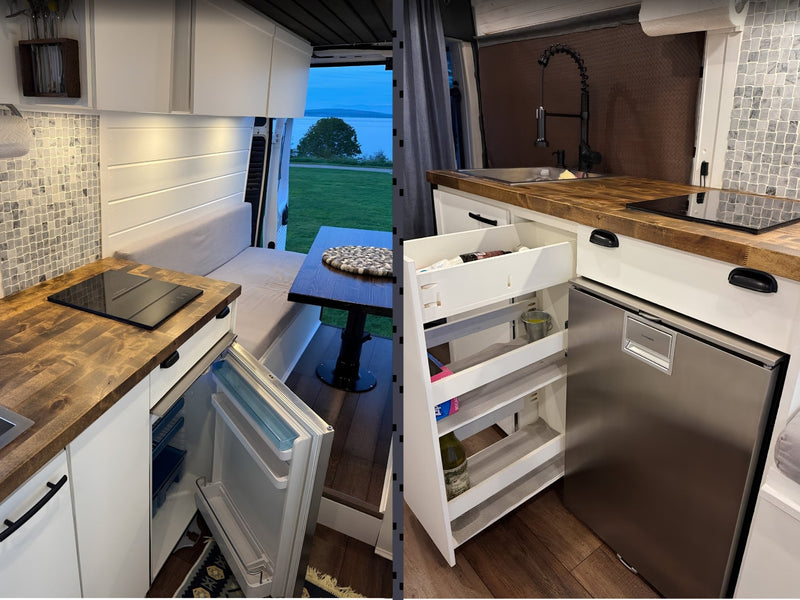  and benches.|Modern RV rental interior: a sleek camper van kitchen & dining space opens to a beautiful beach and ocean view.|Cozy RV rental interior with a kitchen — photo 7