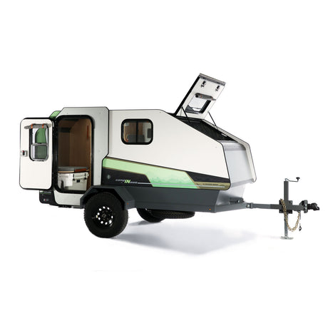 Modern white & gray teardrop camper trailer with open doors, ideal RV rental for camping adventures.