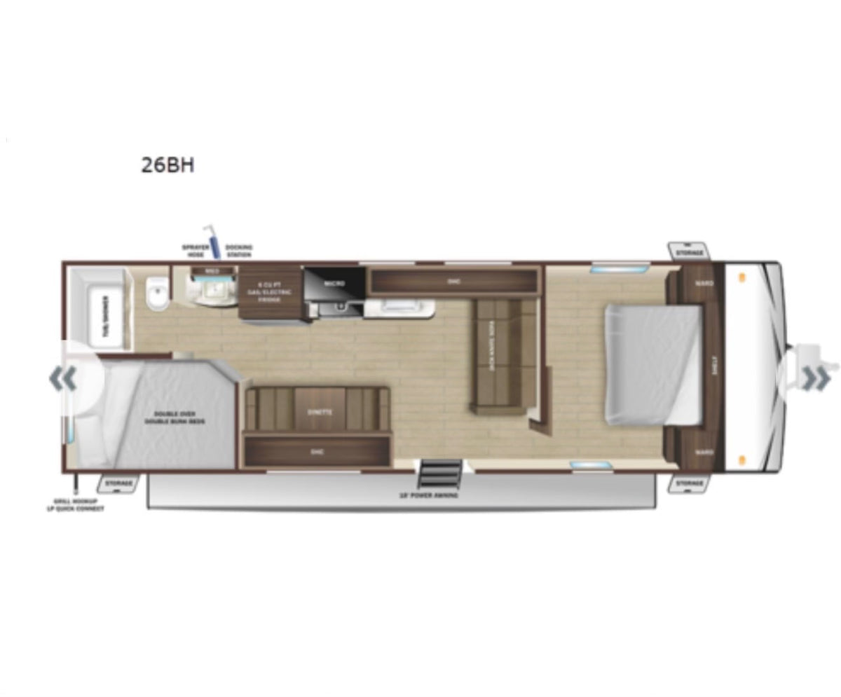  essential for connecting to campsite electricity.|This 26BH RV rental floor plan shows a travel trailer interior: master bed