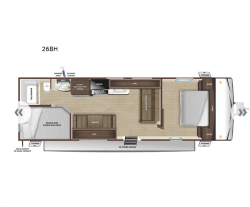  essential for connecting to campsite electricity.|This 26BH RV rental floor plan shows a travel trailer interior: master bed — photo 1