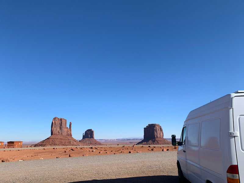  parked at Can Do Liquor & Market in a desert setting.|Man enjoying coffee & prosciutto in his rv rental — photo 5