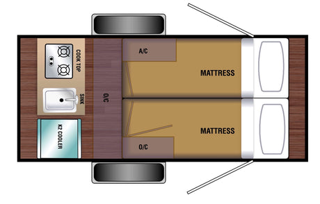 Detailed RV rental floor plan: Kitchen (cooktop, sink, cooler), two mattresses, and AC. Compact camper interior layout.