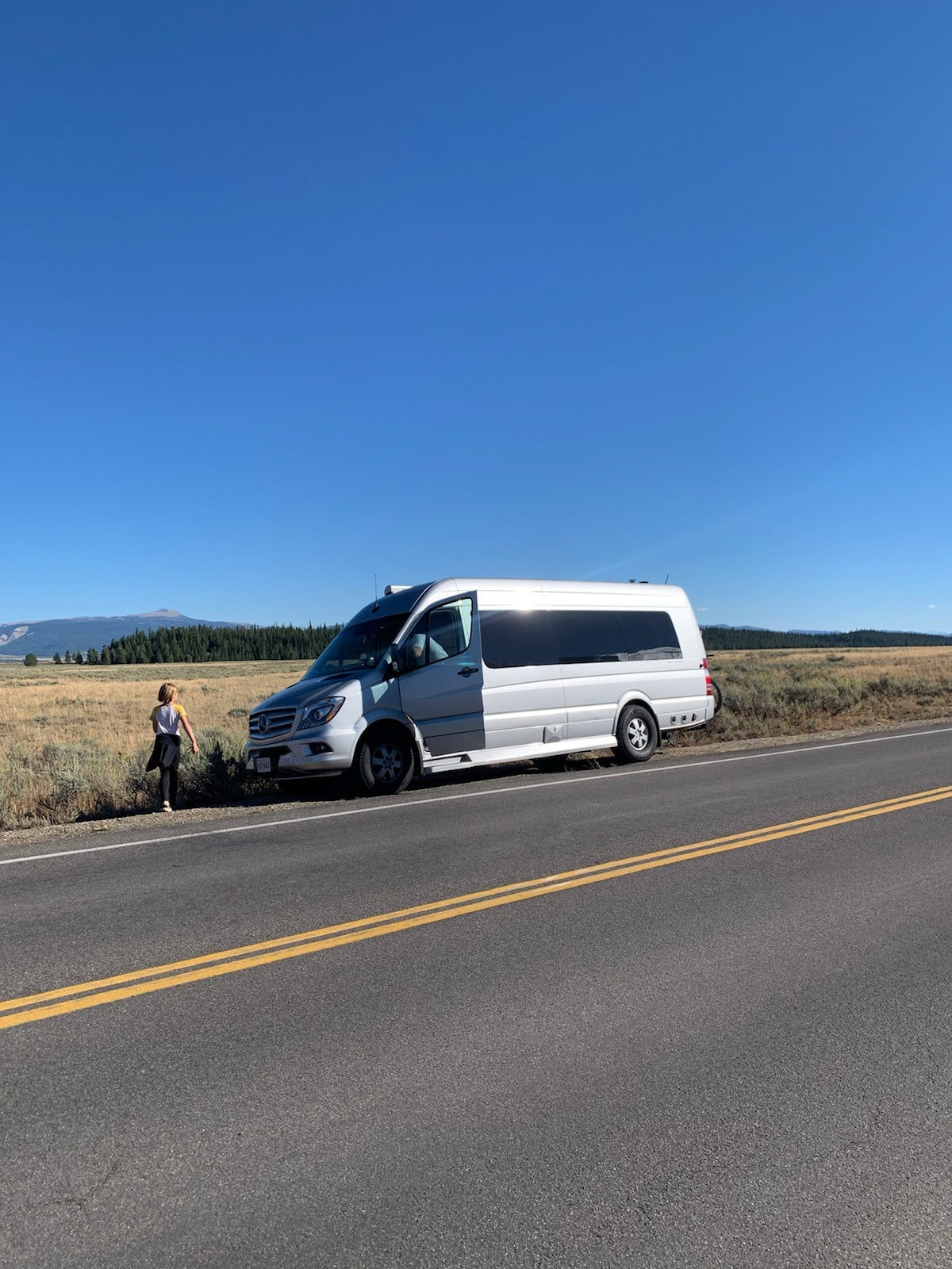 Experience nature with an RV rental. Silver van parked roadside, person looks at scenic landscape.