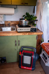 Compact RV kitchen with a portable stove, sink, and Mr. Buddy heater. Ideal for an rv rental adventure.