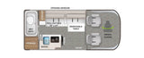 Ideal rv rental floor plan showing a wet bath, pull-out bed (72x47), micro kitchen, removable table, & swivel chairs.