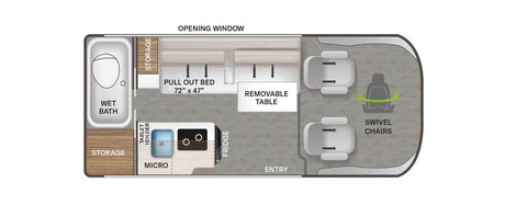 Ideal rv rental floor plan showing a wet bath, pull-out bed (72x47), micro kitchen, removable table, & swivel chairs.