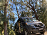 Black Ram ProMaster RV rental van, 'MANGOHOUSE', under tall pine trees. Perfect for your next outdoor travel adventure!