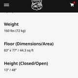 iKamper camping product specs: Weight, floor dimensions, and height. Ideal for an RV rental adventure.