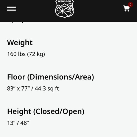iKamper camping product specs: Weight, floor dimensions, and height. Ideal for an RV rental adventure.