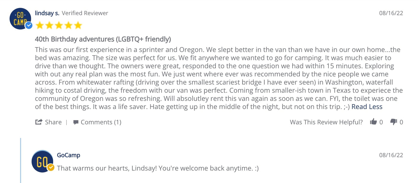  followed by a responsive reply from GoCamp.|A positive 5-star customer review for an rv rental — photo 18