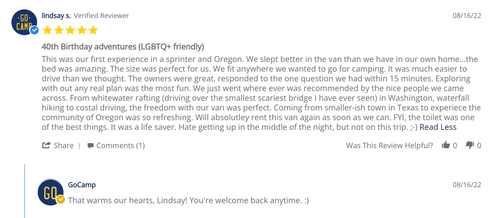 Happy customer review for an RV rental from GoCamp, detailing a 5-star van life travel experience.
