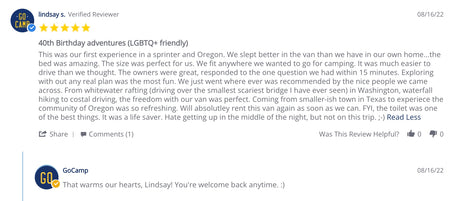 Happy customer review for an RV rental from GoCamp, detailing a 5-star van life travel experience.