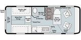 Explore this RV rental's clever interior floor plan: Murphy bed, wet bath, kitchen, and pop-top access in a compact camper van.