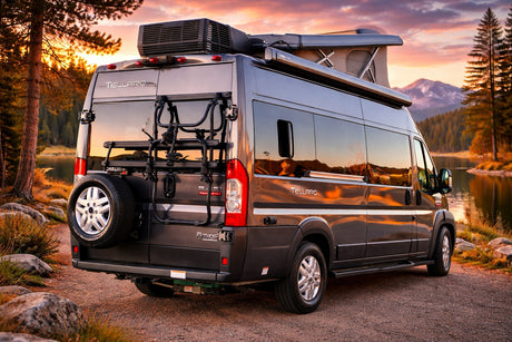 Thor Tellaro camper van rv rental by a scenic lake at sunset, featuring a bike rack and a pop-top roof.