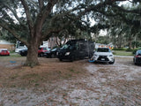 Diverse vehicles, including a black Sprinter van (possible RV rental) and cars, parked in a shaded yard with a large tree.
