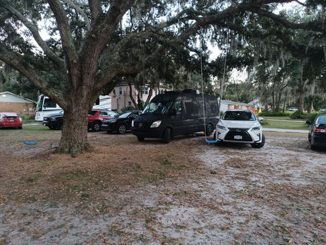 Diverse vehicles, including a black Sprinter van (possible RV rental) and cars, parked in a shaded yard with a large tree.