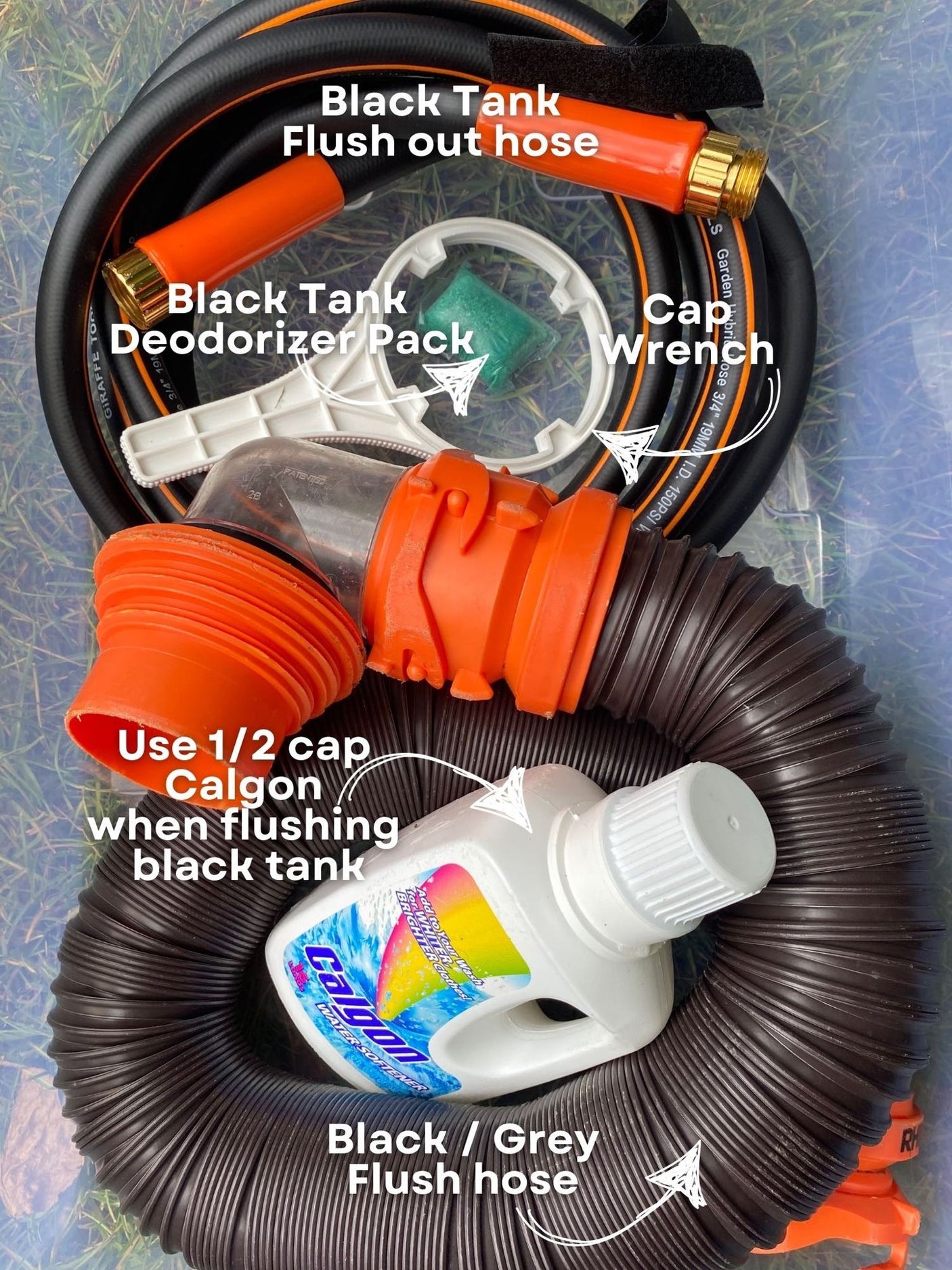 RV rental black tank supplies: specialized hoses, deodorizer, cap wrench, & Calgon for proper flushing.