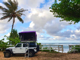 RV rental camping on the beach: White Jeep Wrangler with a purple rooftop tent by the ocean, under a palm tree and cloudy sky.