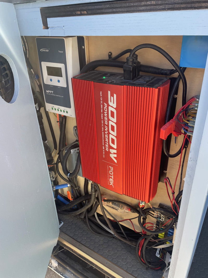  and portable fridge/cooler.|Explore this compact rv rental's custom light gray wardrobe — photo 9