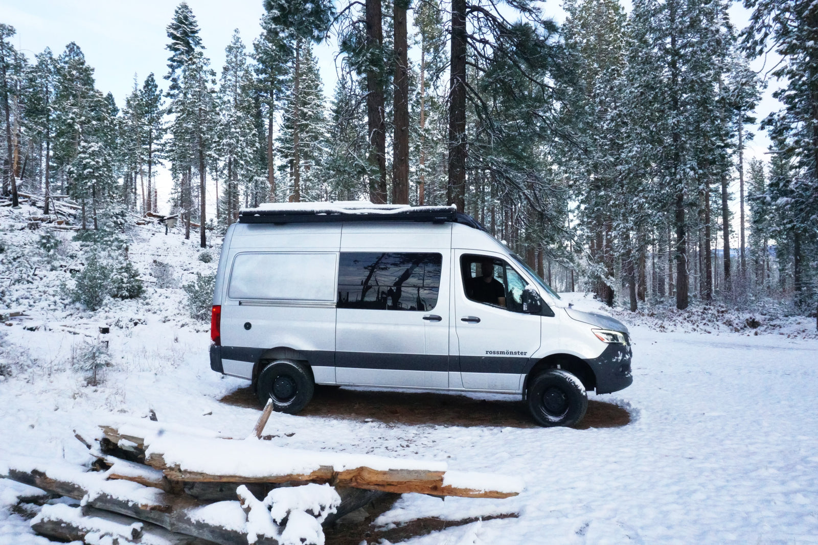 Silver Rossmonster camper van RV rental parked in a snowy winter forest, surrounded by tall snow-laden pine trees.