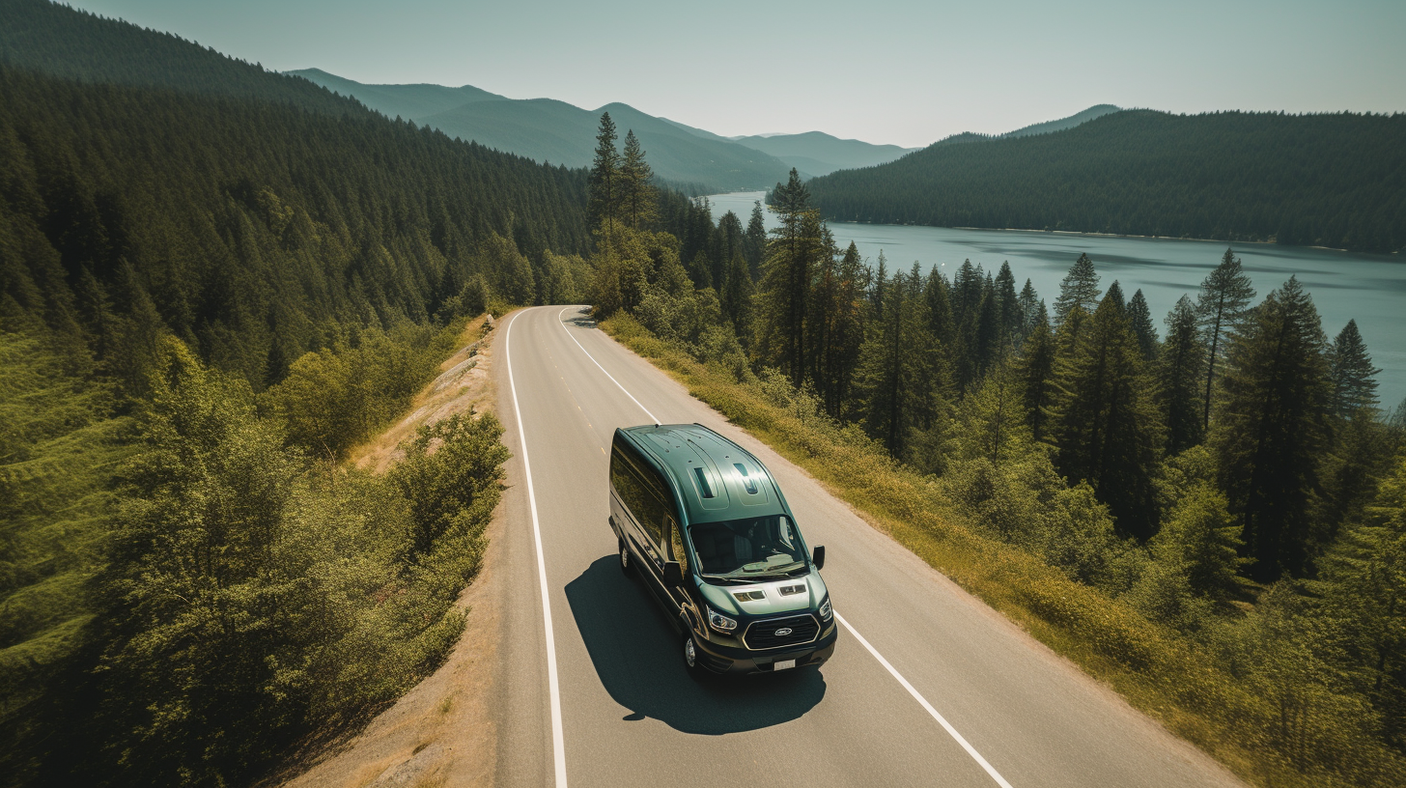 Aerial view of a dark green van on a winding mountain road, overlooking a vast lake and dense forests. Your next RV rental adventure.
