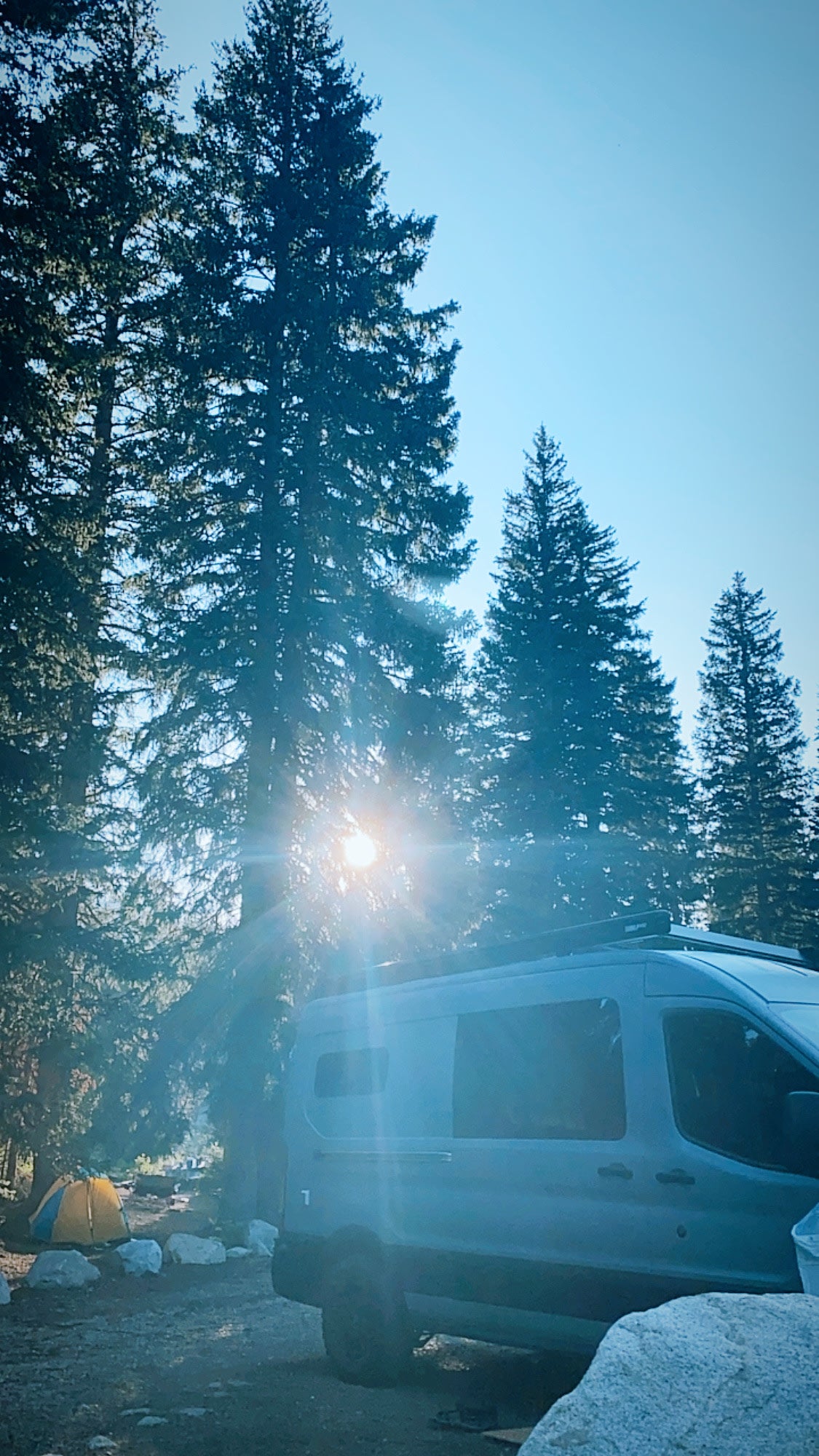 An RV rental camper van parked at a scenic, sun-drenched campsite with tall pine trees and a yellow tent.