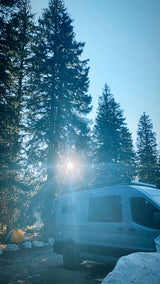 An RV rental camper van parked at a scenic, sun-drenched campsite with tall pine trees and a yellow tent.