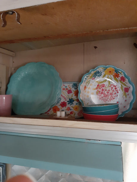 Colorful dishes in a wooden rv rental cabinet, perfect for camping kitchen needs.