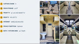 Luxury RV rental interior: 6 captain chairs, 32" 4K TV, internet, rear storage, and a private bath/kitchen area.