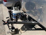 Essential components for an RV rental trip: A trailer's hitch, propane tank, and battery, ready for towing.