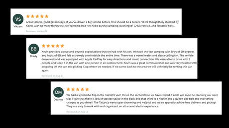 Positive 5-star customer reviews for an RV rental service, detailing the great experience and campervan features.