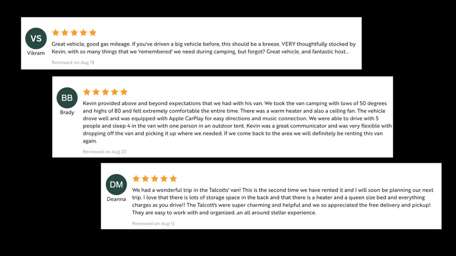 Positive 5-star customer reviews for an RV rental service, detailing the great experience and campervan features.
