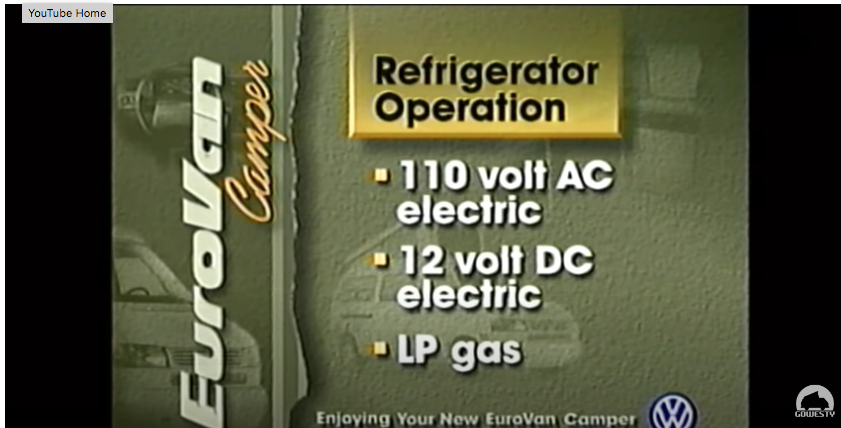 This screen from a EuroVan camper video details refrigerator operation (110V AC, 12V DC, LP gas), ideal for rv rental adventures.