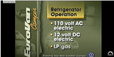 This screen from a EuroVan camper video details refrigerator operation (110V AC, 12V DC, LP gas), ideal for rv rental adventures.