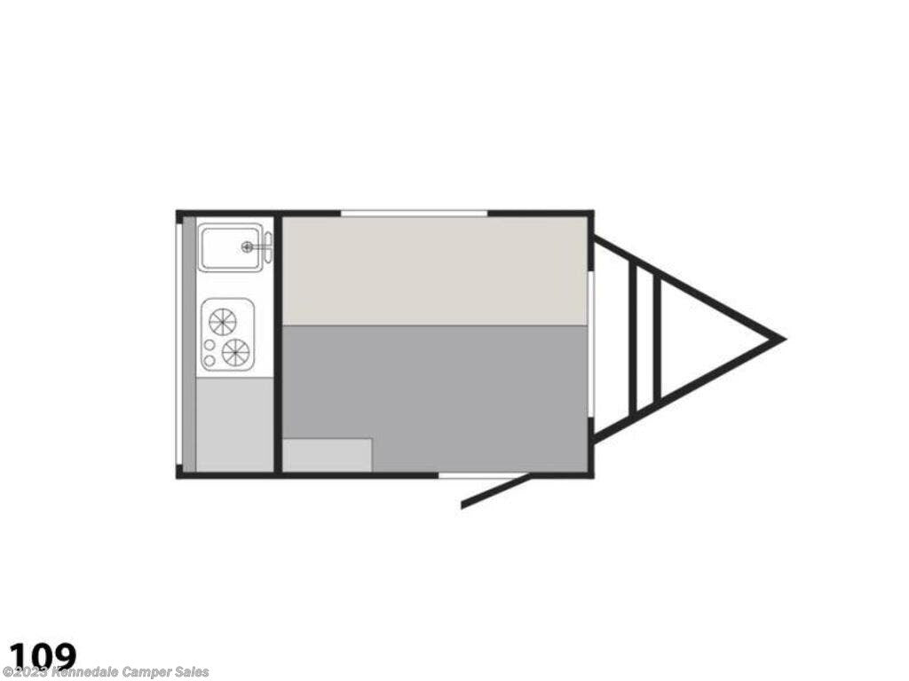 This RV rental floor plan shows a compact camper's interior with a kitchenette (sink, stove) and main living/sleeping area.