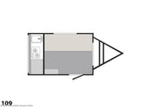 This RV rental floor plan shows a compact camper's interior with a kitchenette (sink, stove) and main living/sleeping area.