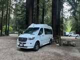 White Airstream RV rental van parked at a shaded redwood forest campsite with a picnic table.