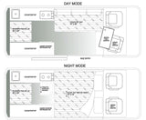 RV rental floor plan showing versatile day and night interior modes, including a slide-out bed and hidden toilet.