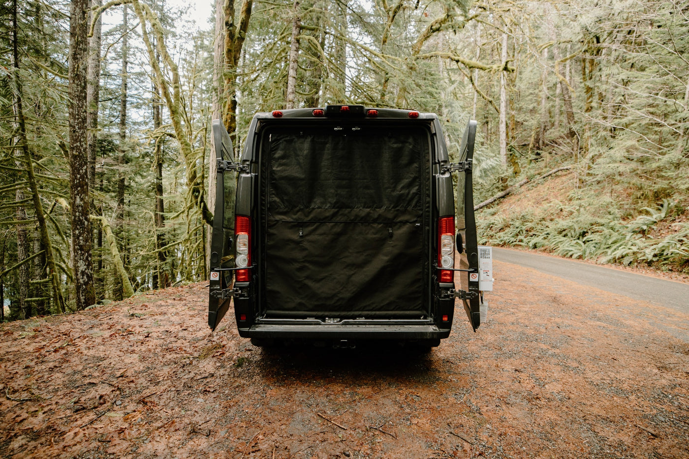 Rear of a black camper van RV rental with open doors in a dense, mossy forest, ready for outdoor adventure. — photo 12
