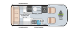 RV rental interior layout: 70"x72" fold-out bed, kitchenette (fridge/micro), shower, and swivel chairs.